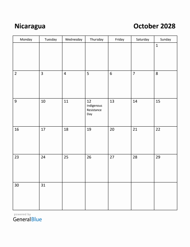 October 2028 Calendar with Nicaragua Holidays