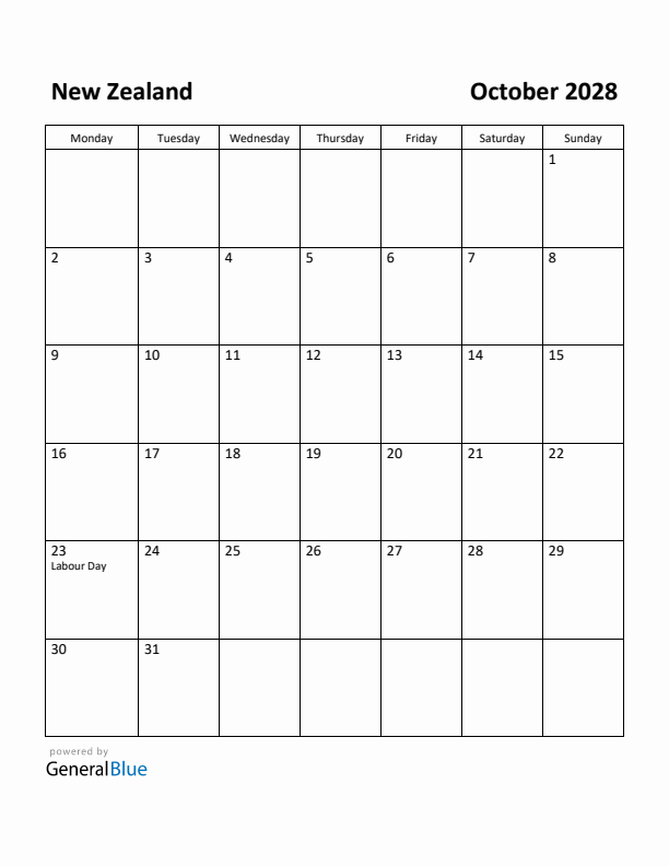 October 2028 Calendar with New Zealand Holidays
