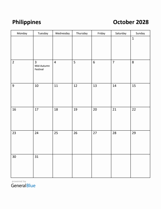 October 2028 Calendar with Philippines Holidays