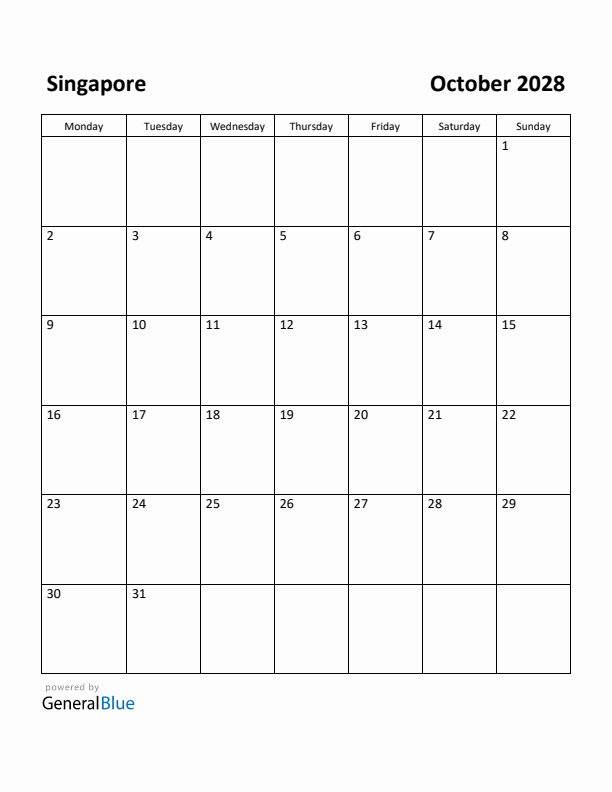 October 2028 Calendar with Singapore Holidays