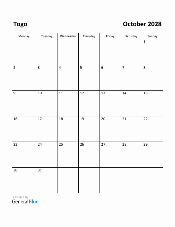 October 2028 Calendar with Togo Holidays