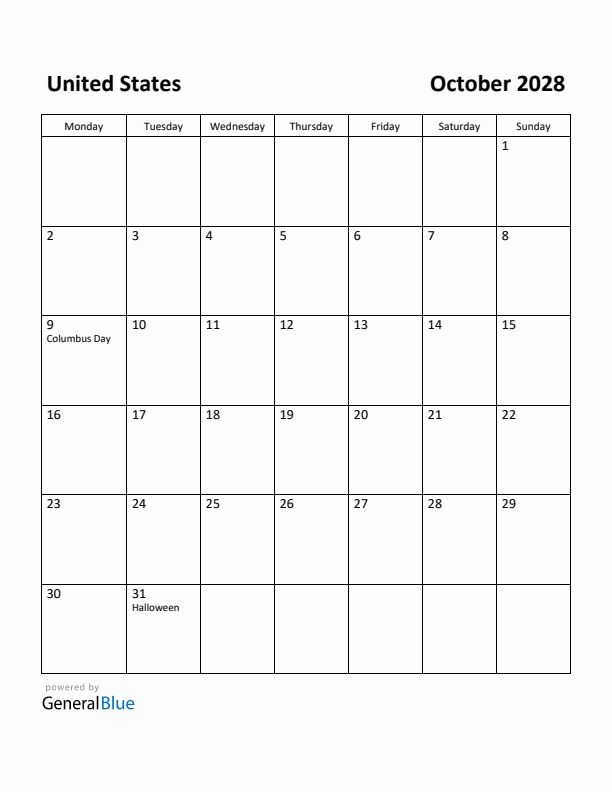 October 2028 Calendar with United States Holidays