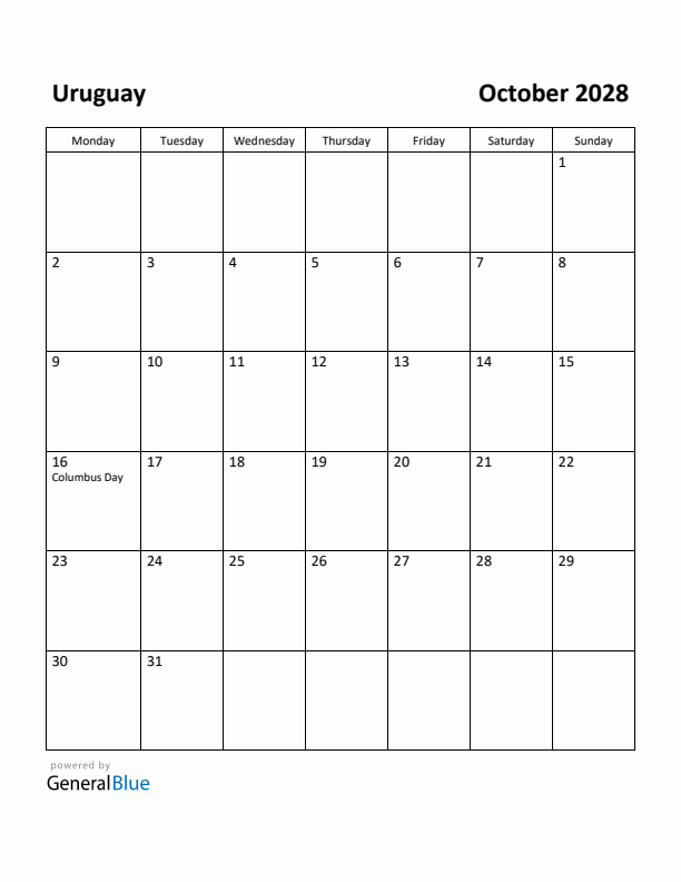 October 2028 Calendar with Uruguay Holidays