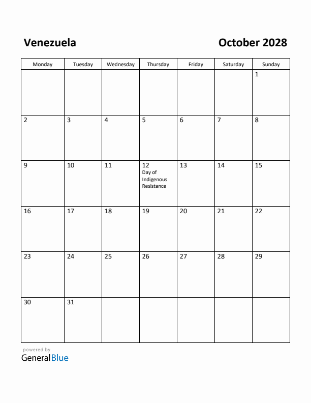 October 2028 Calendar with Venezuela Holidays