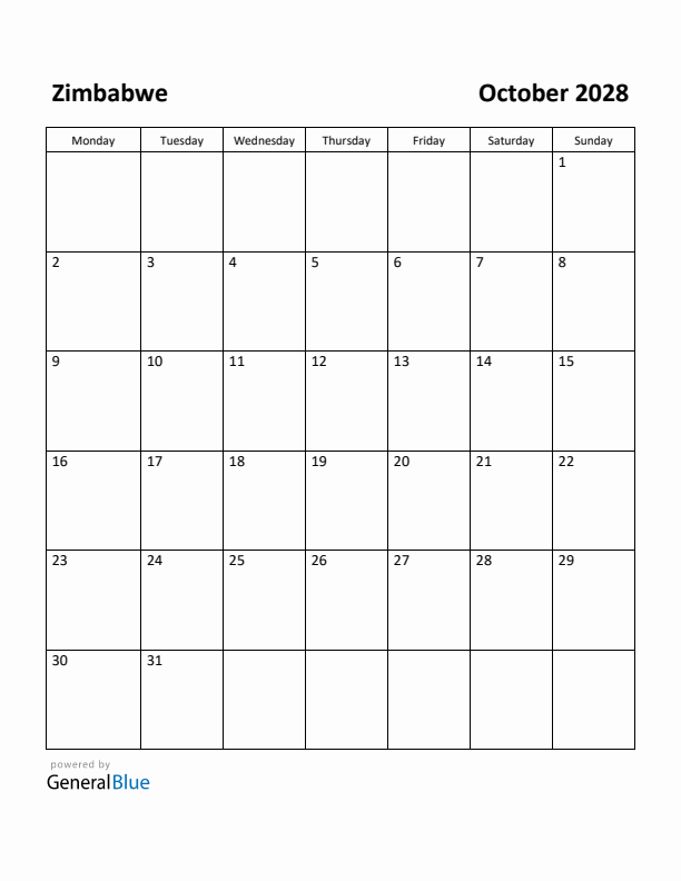 October 2028 Calendar with Zimbabwe Holidays