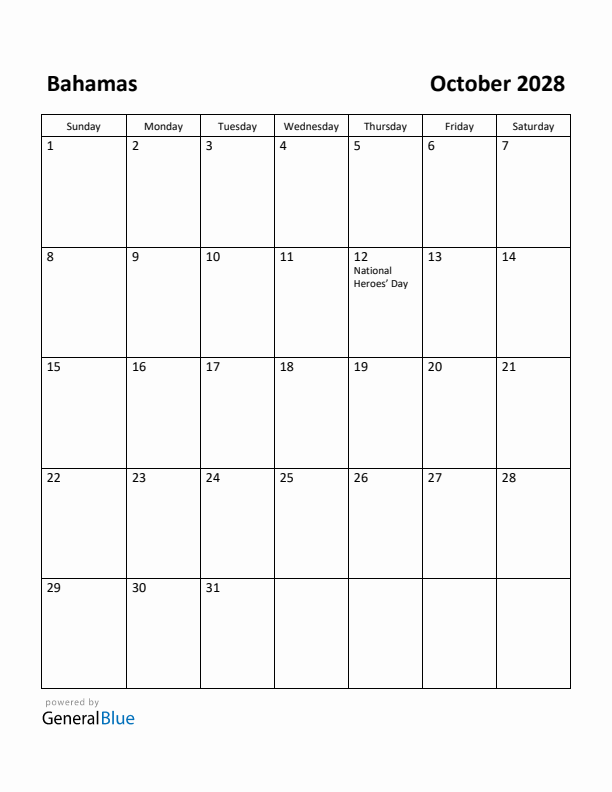 October 2028 Calendar with Bahamas Holidays