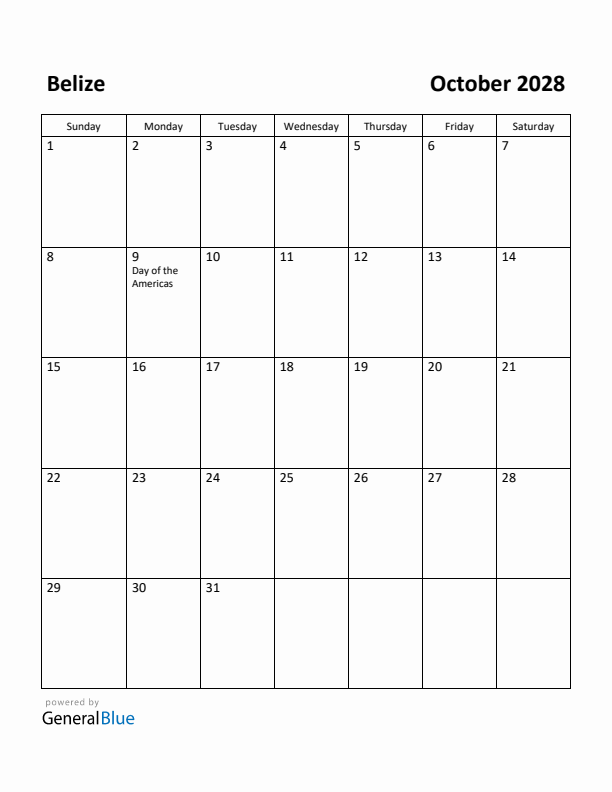 October 2028 Calendar with Belize Holidays