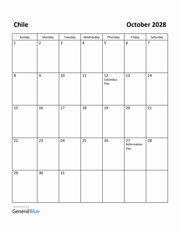 October 2028 Calendar with Chile Holidays