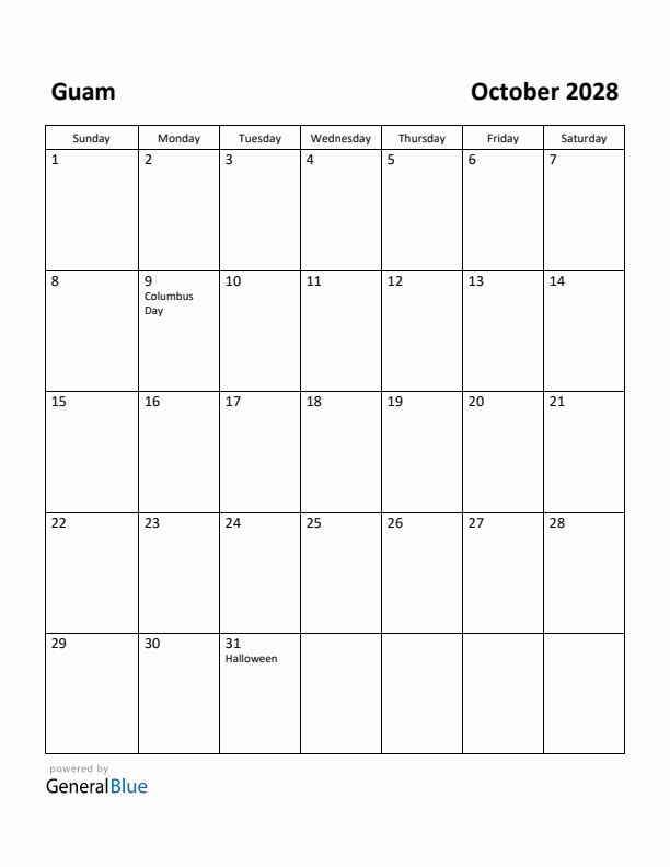 October 2028 Calendar with Guam Holidays