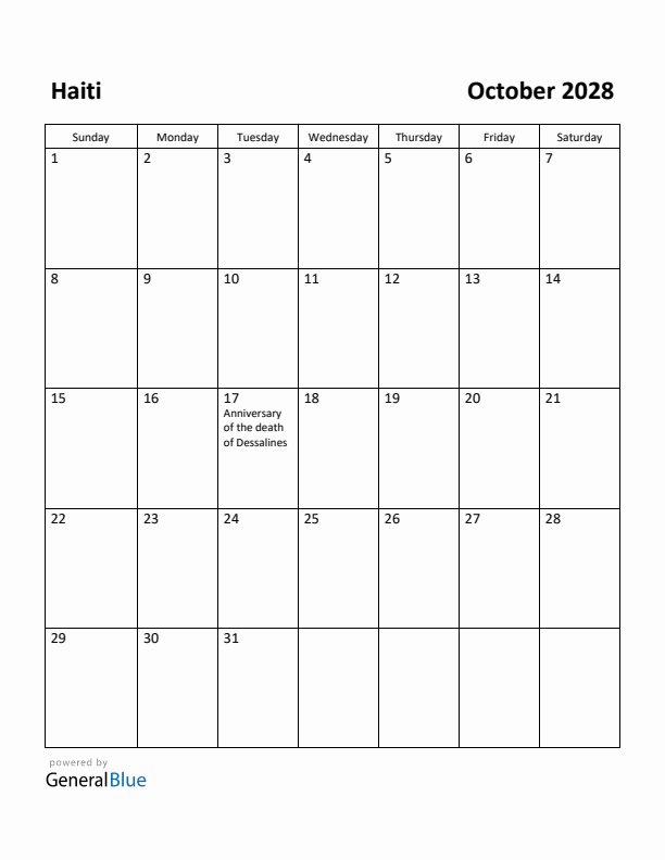 October 2028 Calendar with Haiti Holidays