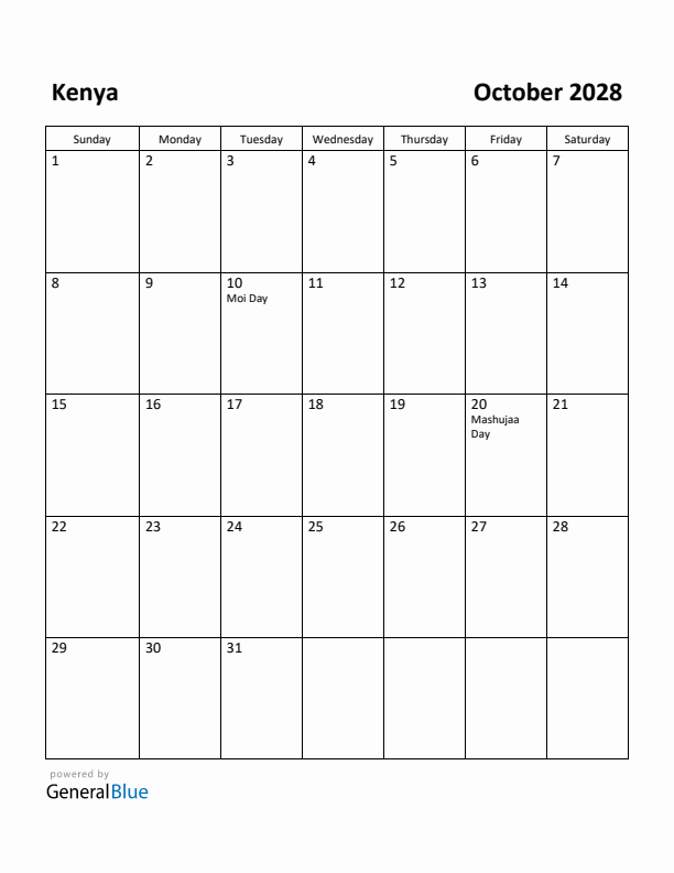 October 2028 Calendar with Kenya Holidays