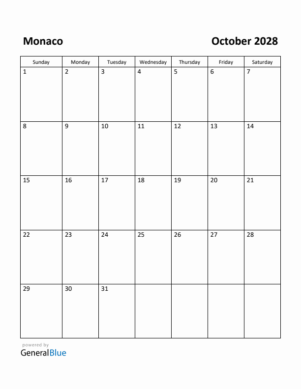 October 2028 Calendar with Monaco Holidays