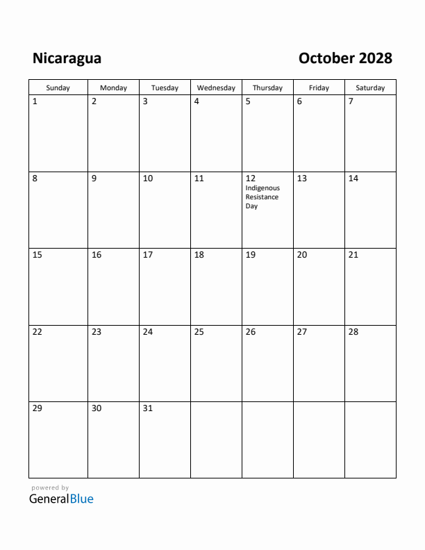 October 2028 Calendar with Nicaragua Holidays
