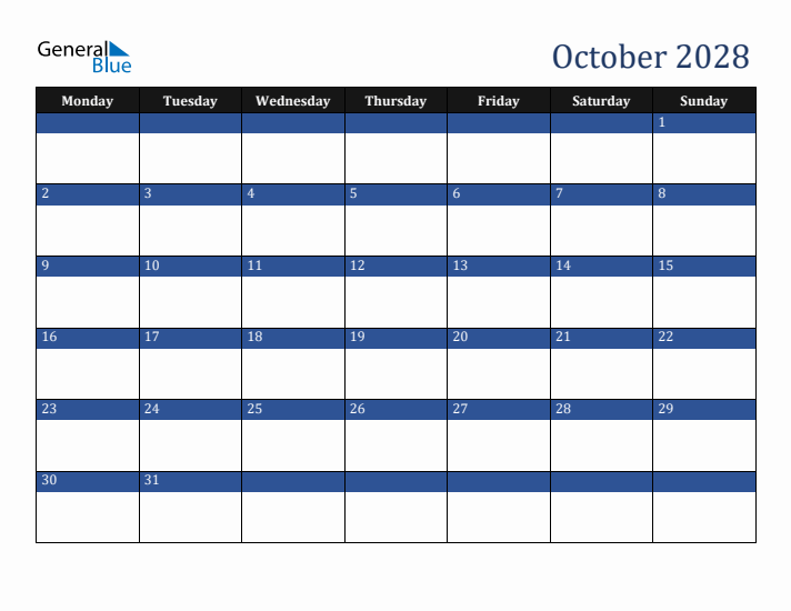 Monday Start Calendar for October 2028