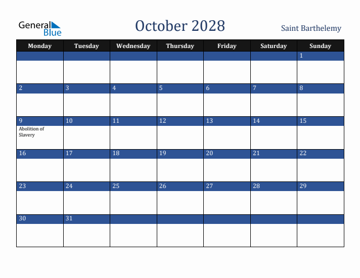 October 2028 Saint Barthelemy Calendar (Monday Start)