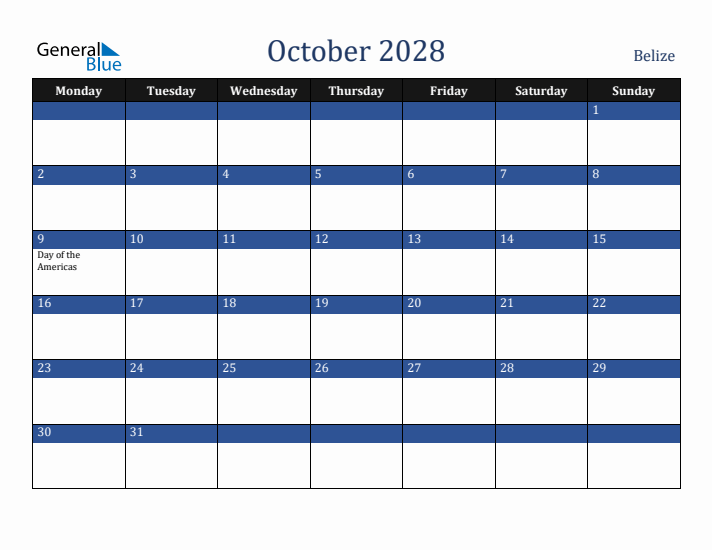 October 2028 Belize Calendar (Monday Start)