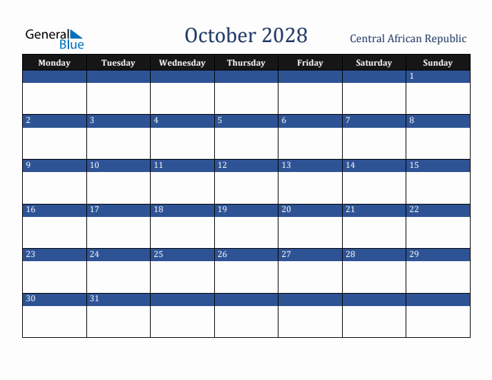 October 2028 Central African Republic Calendar (Monday Start)