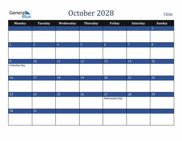 October 2028 Chile Calendar (Monday Start)