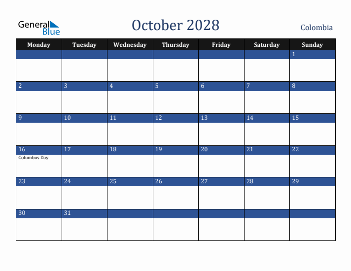 October 2028 Colombia Calendar (Monday Start)