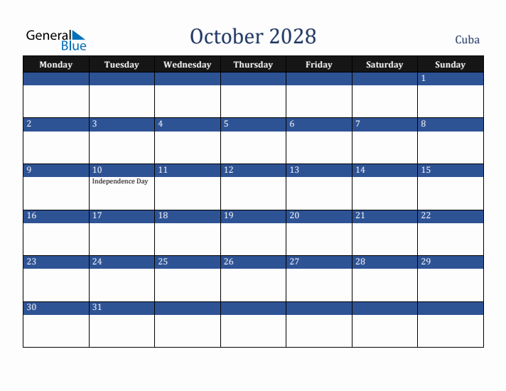 October 2028 Cuba Calendar (Monday Start)