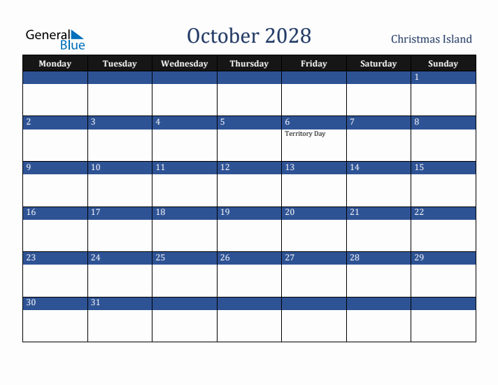 October 2028 Christmas Island Calendar (Monday Start)