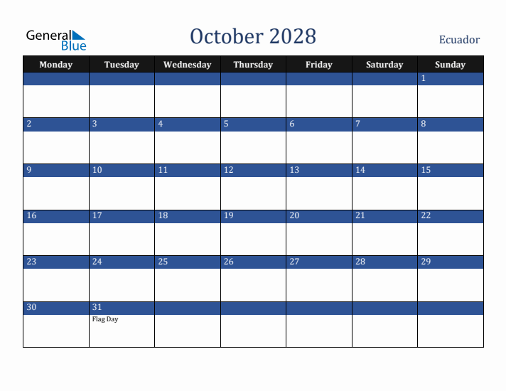 October 2028 Ecuador Calendar (Monday Start)