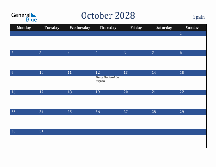 October 2028 Spain Calendar (Monday Start)