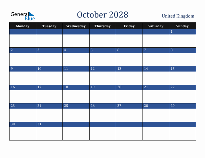October 2028 United Kingdom Calendar (Monday Start)