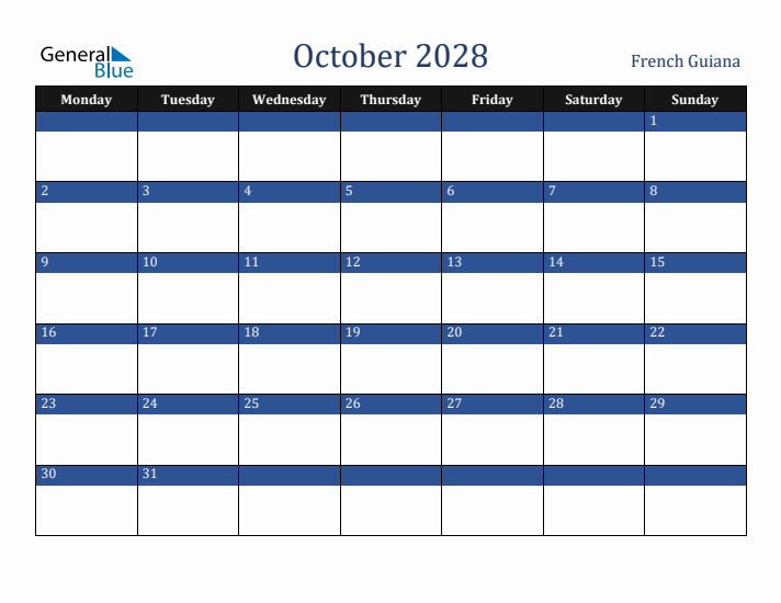 October 2028 French Guiana Calendar (Monday Start)