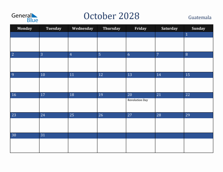 October 2028 Guatemala Calendar (Monday Start)