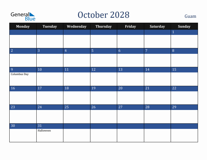 October 2028 Guam Calendar (Monday Start)