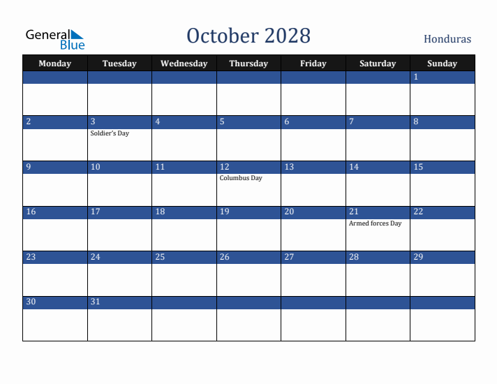 October 2028 Honduras Calendar (Monday Start)