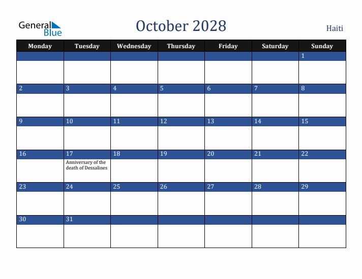 October 2028 Haiti Calendar (Monday Start)