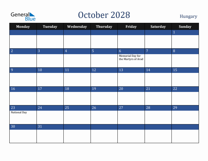 October 2028 Hungary Calendar (Monday Start)