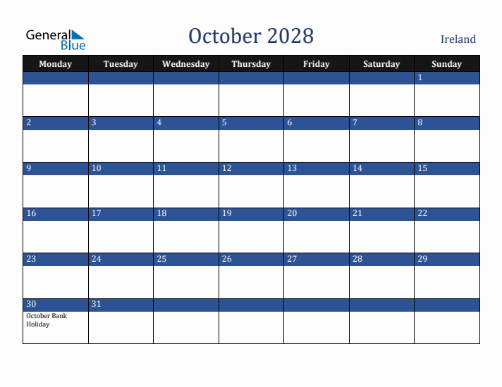 October 2028 Ireland Calendar (Monday Start)