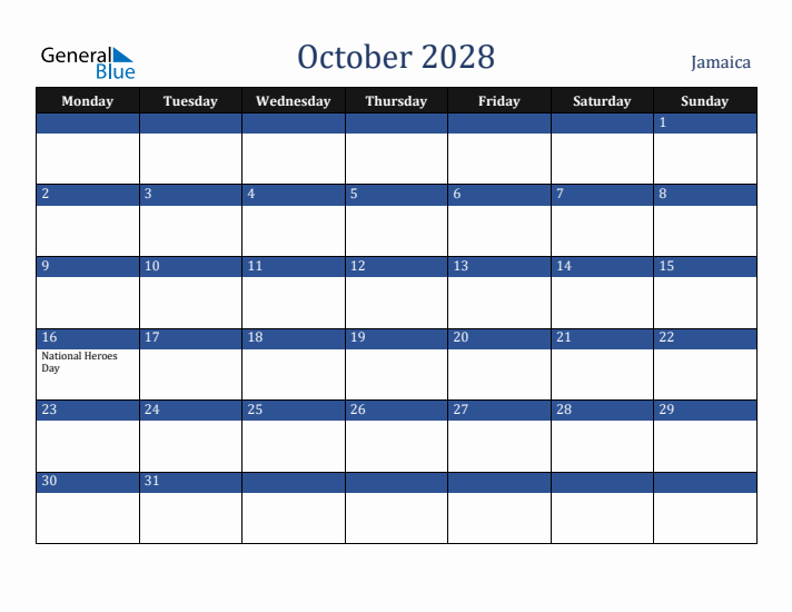 October 2028 Jamaica Calendar (Monday Start)