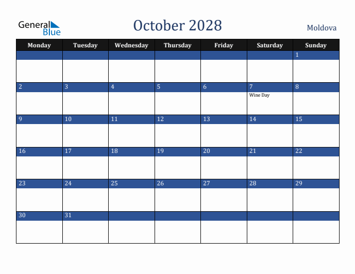 October 2028 Moldova Calendar (Monday Start)