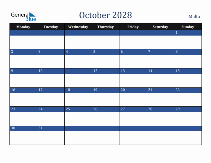 October 2028 Malta Calendar (Monday Start)