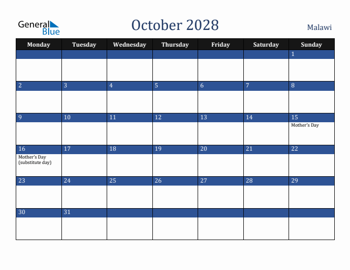 October 2028 Malawi Calendar (Monday Start)