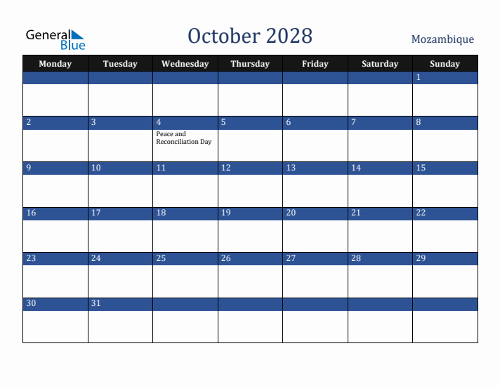 October 2028 Mozambique Calendar (Monday Start)