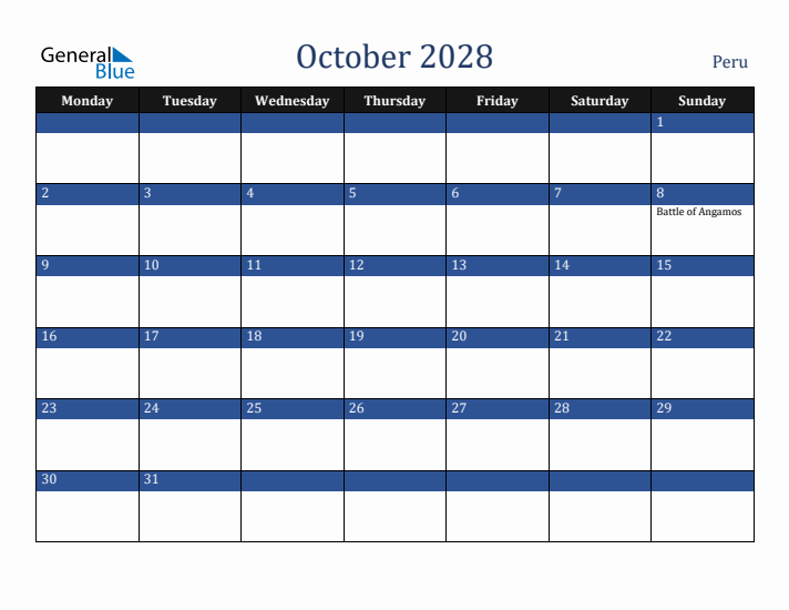 October 2028 Peru Calendar (Monday Start)