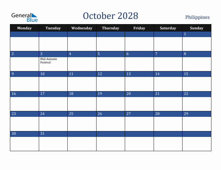 October 2028 Philippines Calendar (Monday Start)
