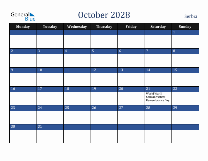 October 2028 Serbia Calendar (Monday Start)