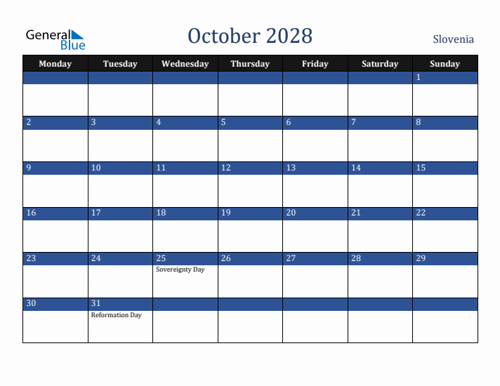 October 2028 Slovenia Calendar (Monday Start)