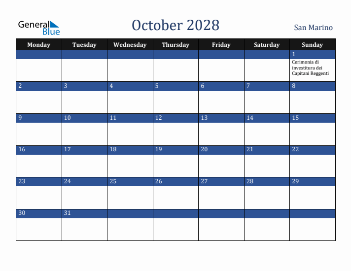 October 2028 San Marino Calendar (Monday Start)