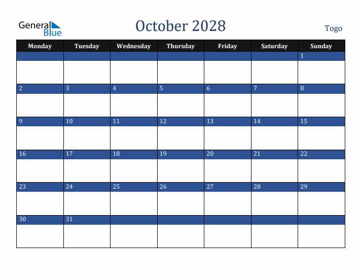 October 2028 Togo Calendar (Monday Start)