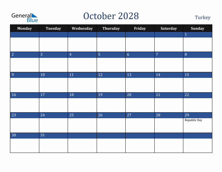 October 2028 Turkey Calendar (Monday Start)