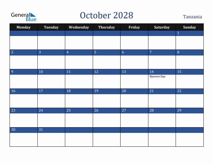 October 2028 Tanzania Calendar (Monday Start)