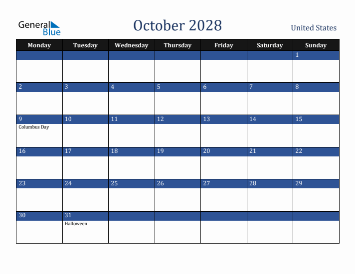 October 2028 United States Calendar (Monday Start)