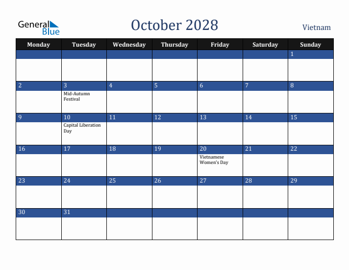 October 2028 Vietnam Calendar (Monday Start)